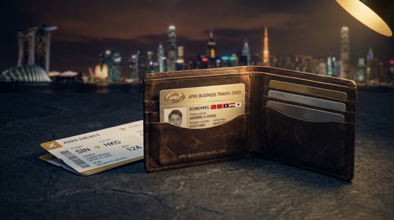 APEC Business Travel Card application documents and wallet, Hong Kong office setting