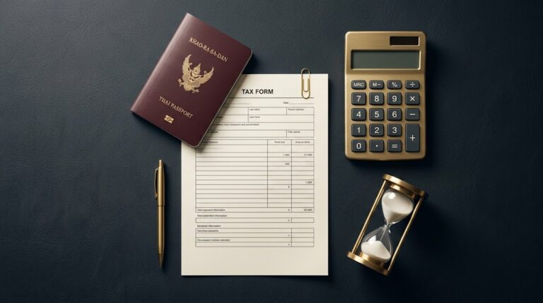 Thai passport with tax form, calculator and hourglass — DTV visa and Thai tax residence guide