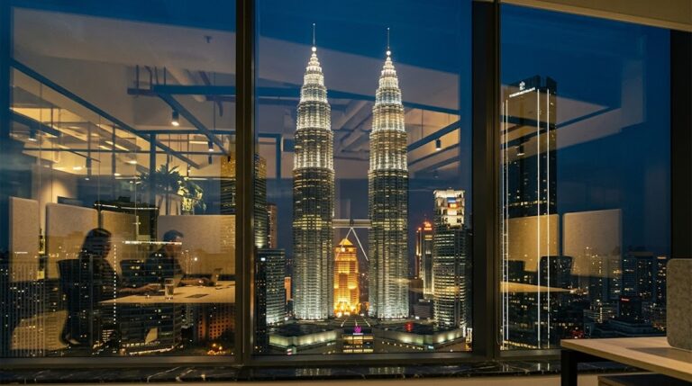 Expat reviewing Malaysia MM2H rules and documents at desk with gold lamp, Kuala Lumpur 2026