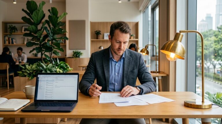 Expat at co-working space with warm lamp, Malaysia work permit and MM2H DE Rantau 2026