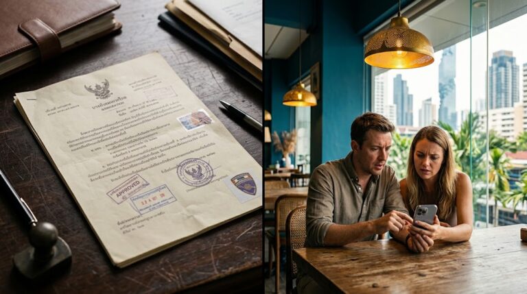 Official Thai immigration directive document and expat couple reviewing news on phone at Bangkok café