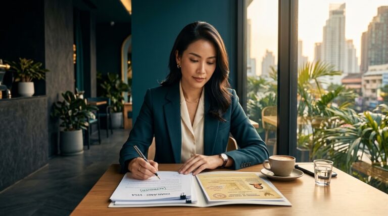 Woman reviewing Thailand DTV visa documents at a Bangkok café with city view