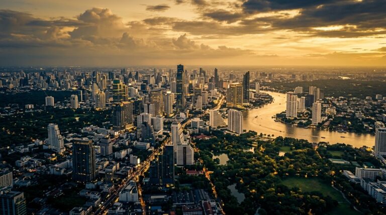 Bangkok aerial view at golden hour showing the Chao Phraya River and city skyline, Thailand expat economy 2026