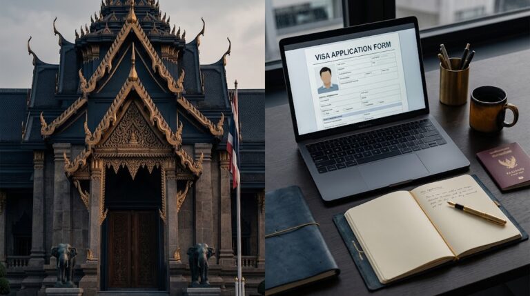 Thai temple exterior and visa application form on laptop — Thailand 30-day visa rule, DTV and events 2026